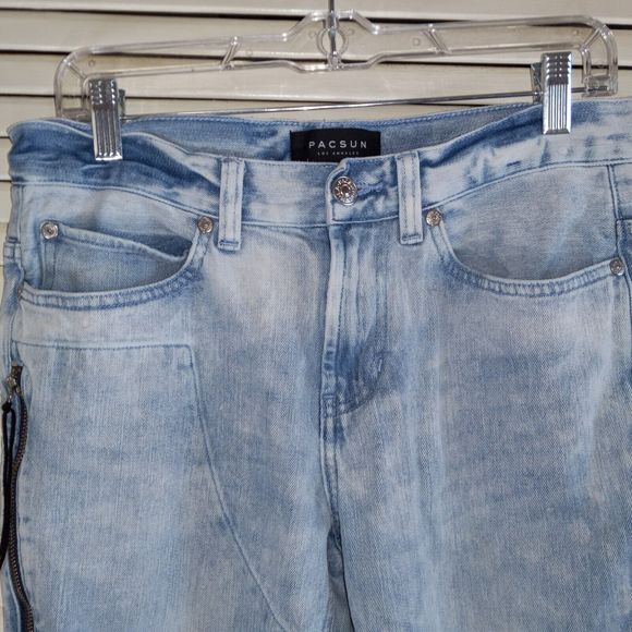 PacSun Jeans Mens Size 29X30 Stacked Skinny Destroyed Zip Pocket Raw Hem Stretch - Picture 7 of 16